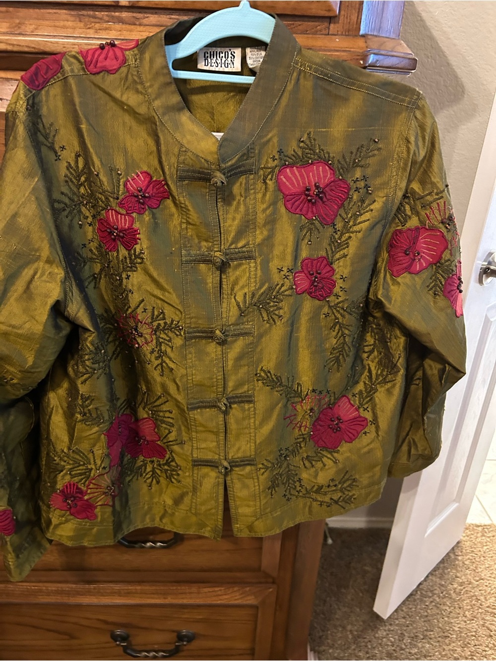 Chico's Olive Green Jacket with Pink Floral Embroidery - Picture 4 of 5